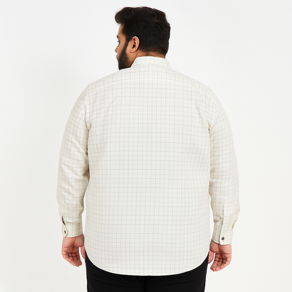 Plus-size Pakistani man wearing off-white formal shirt with black grid checks