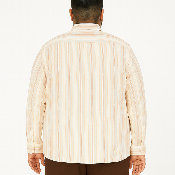 Off-white plus size linen blend shirt with rust and beige vertical stripes, long sleeves – flat lay on wooden background