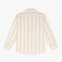 Off-white plus size linen blend shirt with rust and beige vertical stripes, long sleeves – flat lay on wooden background
