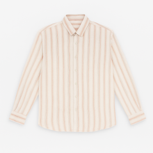 Off-white plus size linen blend shirt with rust and beige vertical stripes, long sleeves – flat lay on wooden background