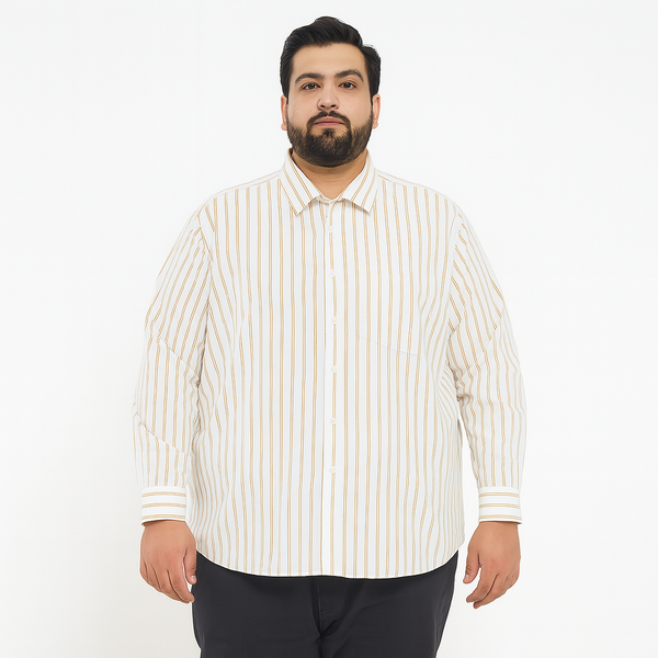 Off-white plus size button-down shirt with beige and rust pinstripes, long sleeves – laid flat on wooden background
