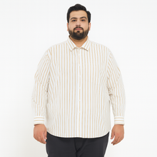 Off-white plus size button-down shirt with beige and rust pinstripes, long sleeves – laid flat on wooden background