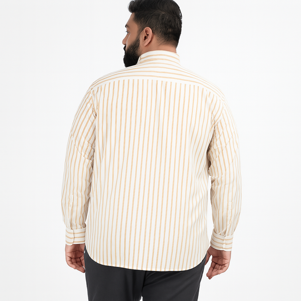 Off-white plus size button-down shirt with beige and rust pinstripes, long sleeves – laid flat on wooden background