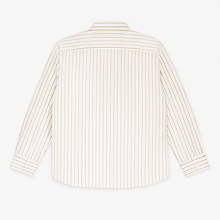 Off-white plus size button-down shirt with beige and rust pinstripes, long sleeves – laid flat on wooden background