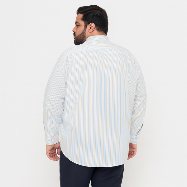 Plus-size Pakistani man wearing off-white formal shirt with sky blue and beige vertical stripes
