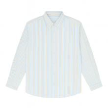 Plus-size Pakistani man wearing off-white formal shirt with sky blue and beige vertical stripes