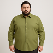 Flat-lay of olive green solid casual shirt with long sleeves and classic collar