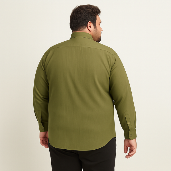 Flat-lay of olive green solid casual shirt with long sleeves and classic collar
