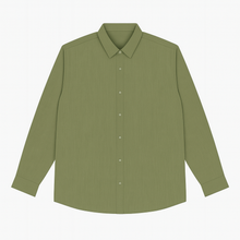 Flat-lay of olive green solid casual shirt with long sleeves and classic collar