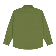 Flat-lay of olive green solid casual shirt with long sleeves and classic collar