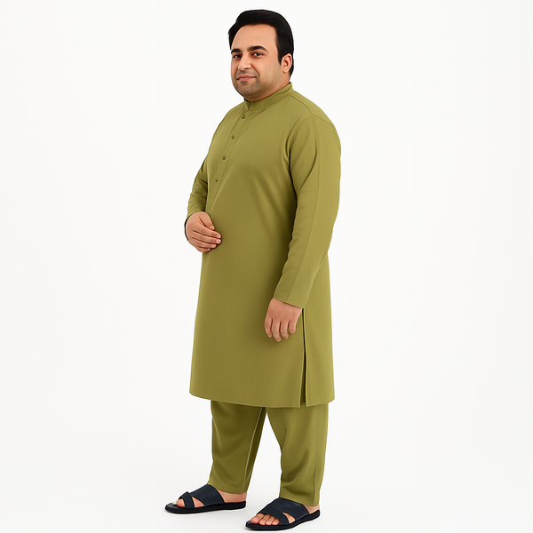 Plus-size man wearing olive green wash & wear kurta pajama – PlusSize.pk