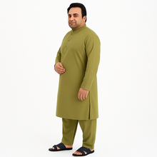Plus-size man wearing olive green wash & wear kurta pajama – PlusSize.pk