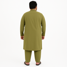 Plus-size man wearing olive green wash & wear kurta pajama – PlusSize.pk