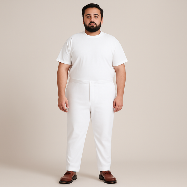 Plus size white cotton kurta pajama trousers for men – front view, ideal for traditional outfits