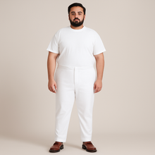 Plus size white cotton kurta pajama trousers for men – front view, ideal for traditional outfits