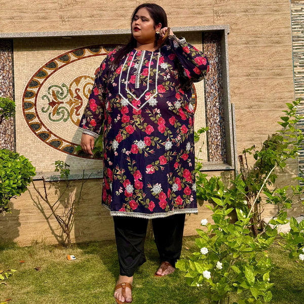 Rose Noir – Plus Size Black Chikankari Floral Kurti For Curvy Women PSW-9628