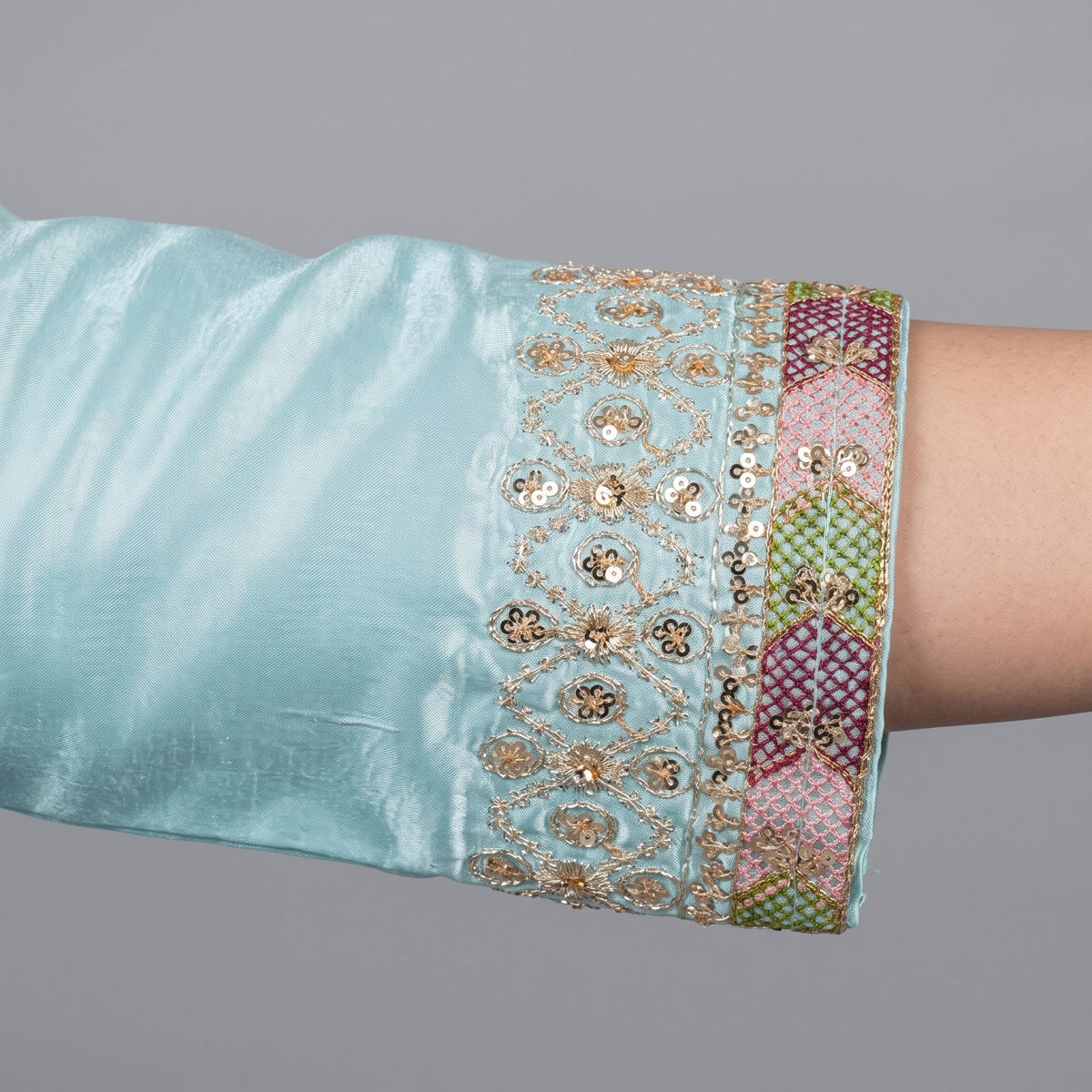 Aqua Embroidered Katan silk 3-piece suit PSW-11695