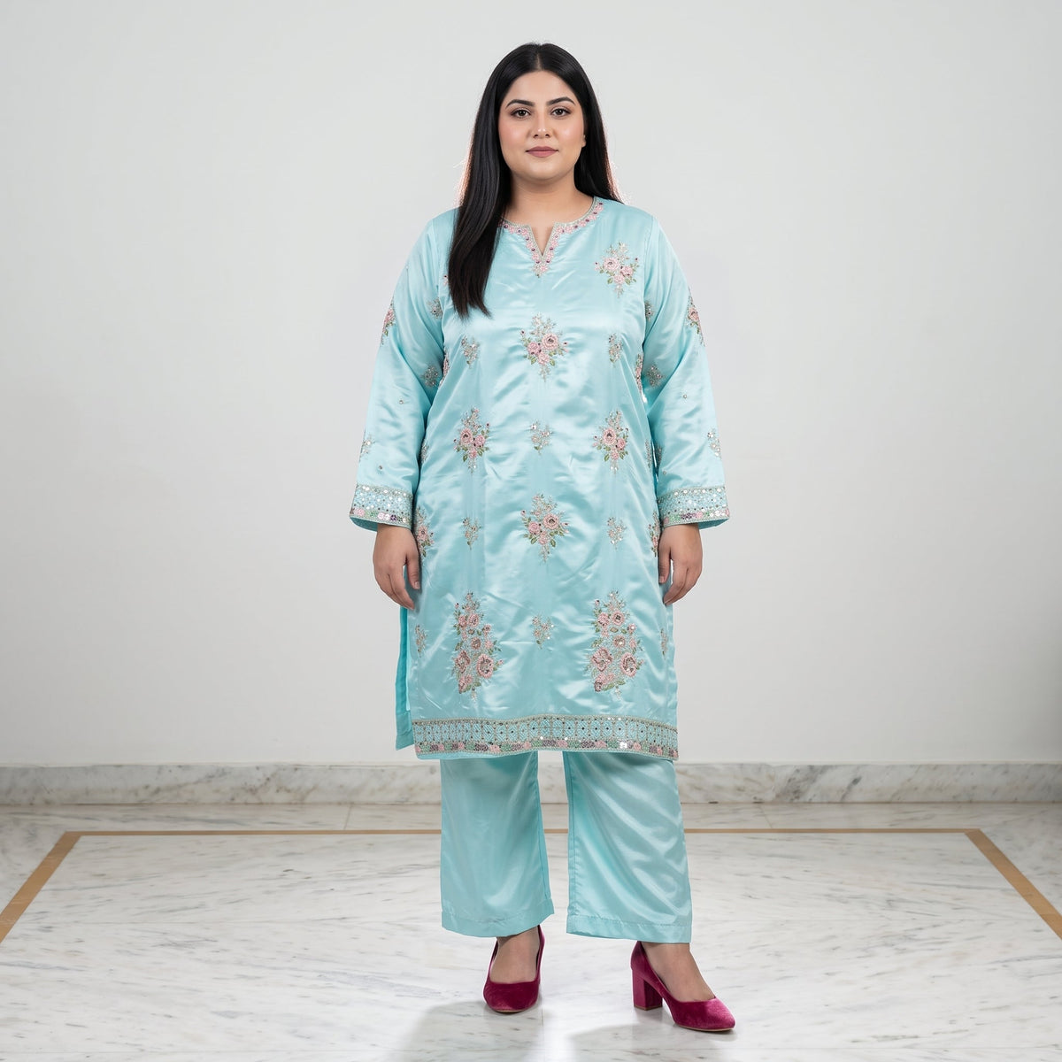 Aqua Embroidered Katan silk 3-piece suit PSW-11695