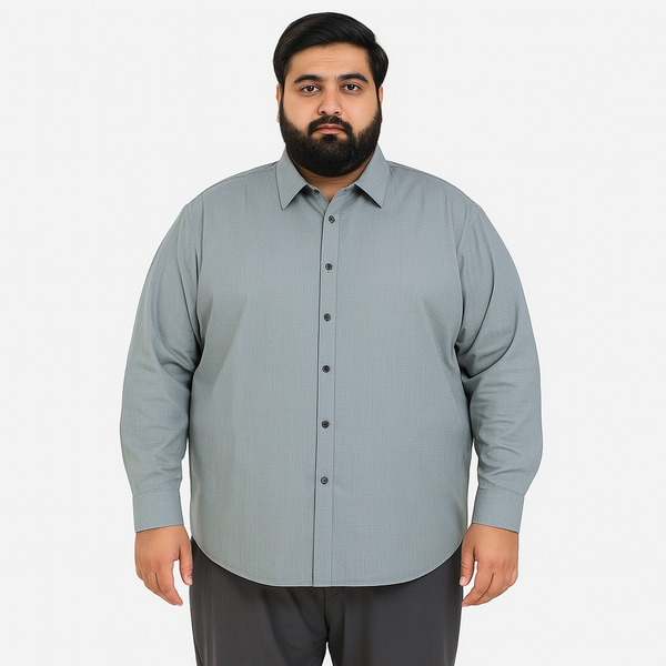 Plus-size Pakistani man wearing slate grey textured formal shirt