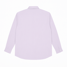 Flat-lay of soft lavender formal shirt with long sleeves and cream buttons
