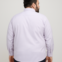 Flat-lay of soft lavender formal shirt with long sleeves and cream buttons