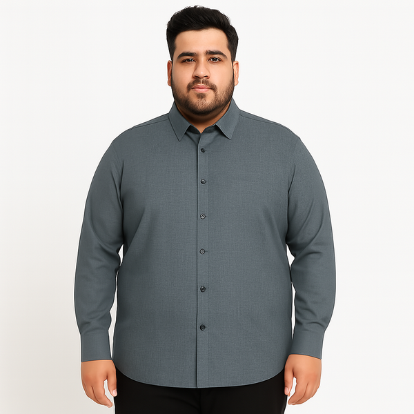Plus-size Pakistani man wearing steel grey formal shirt with long sleeves