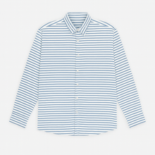 White and blue horizontal stripe casual shirt for plus size men, button-down front and long sleeves – flat lay on white background

