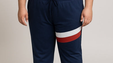 Plus-size man wearing tri-tone navy, white, and red tracksuit – front view, polo shirt and jersey trouser