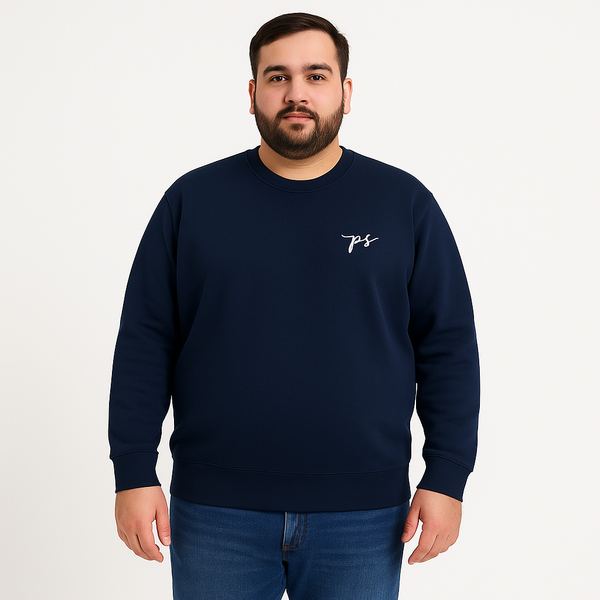 Men’s navy blue fleece crewneck sweatshirt, plus size (2XL–6XL), with ribbed cuffs, hem, and collar, featuring a small embroidered PS logo on the chest.