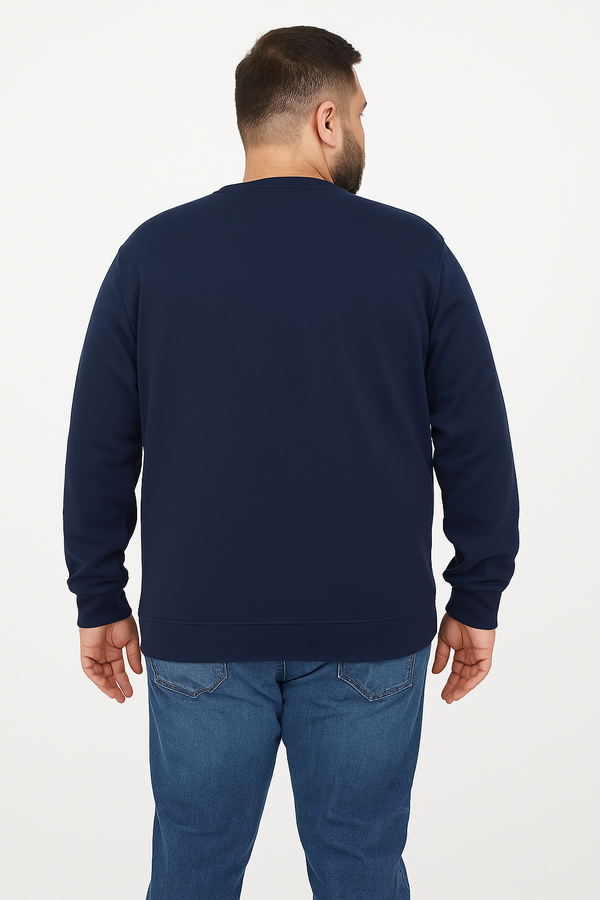 Men’s navy blue fleece crewneck sweatshirt, plus size (2XL–6XL), with ribbed cuffs, hem, and collar, featuring a small embroidered PS logo on the chest.