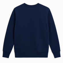 Men’s navy blue fleece crewneck sweatshirt, plus size (2XL–6XL), with ribbed cuffs, hem, and collar, featuring a small embroidered PS logo on the chest.