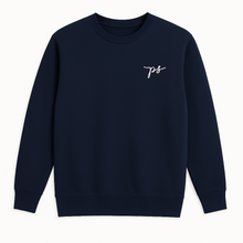 Men’s navy blue fleece crewneck sweatshirt, plus size (2XL–6XL), with ribbed cuffs, hem, and collar, featuring a small embroidered PS logo on the chest.